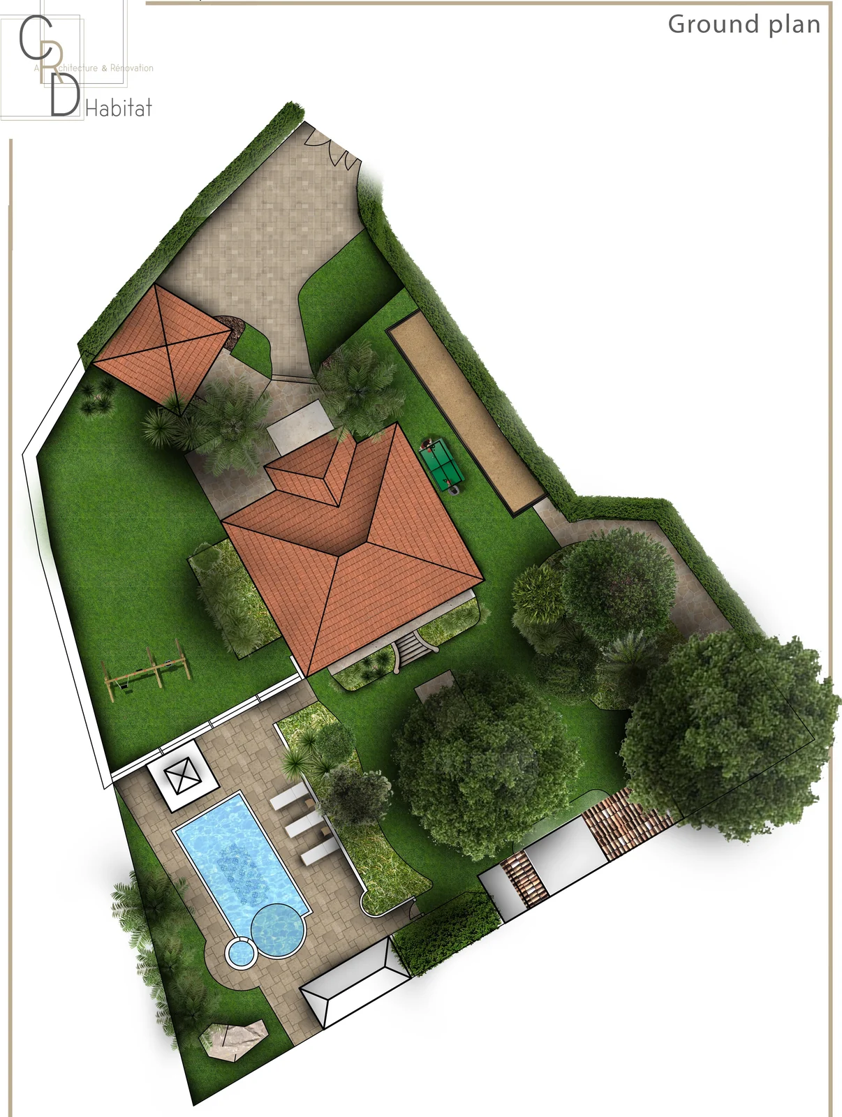 Plan de masse paysager d’une propriété avec villa, piscine et jardins