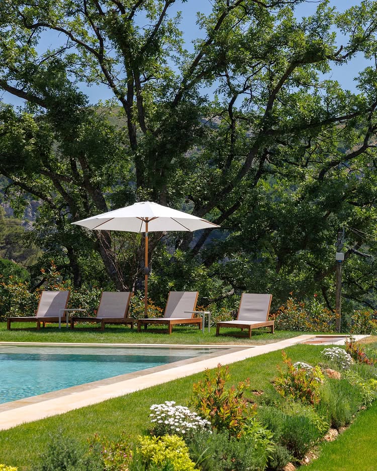 Piscine et pelouse sous les chênes
