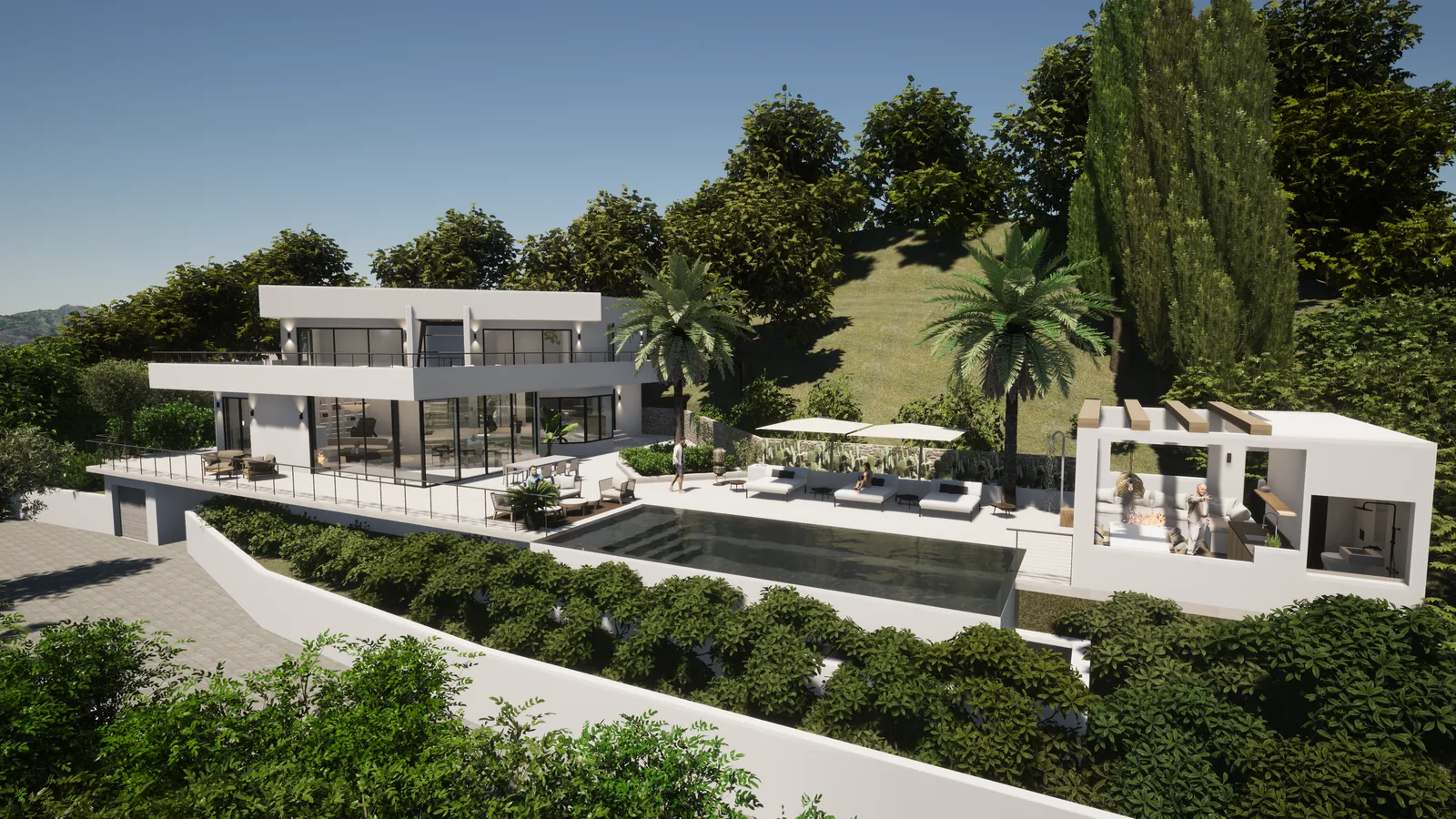 3D rendering of a contemporary villa, its pool and its terraces