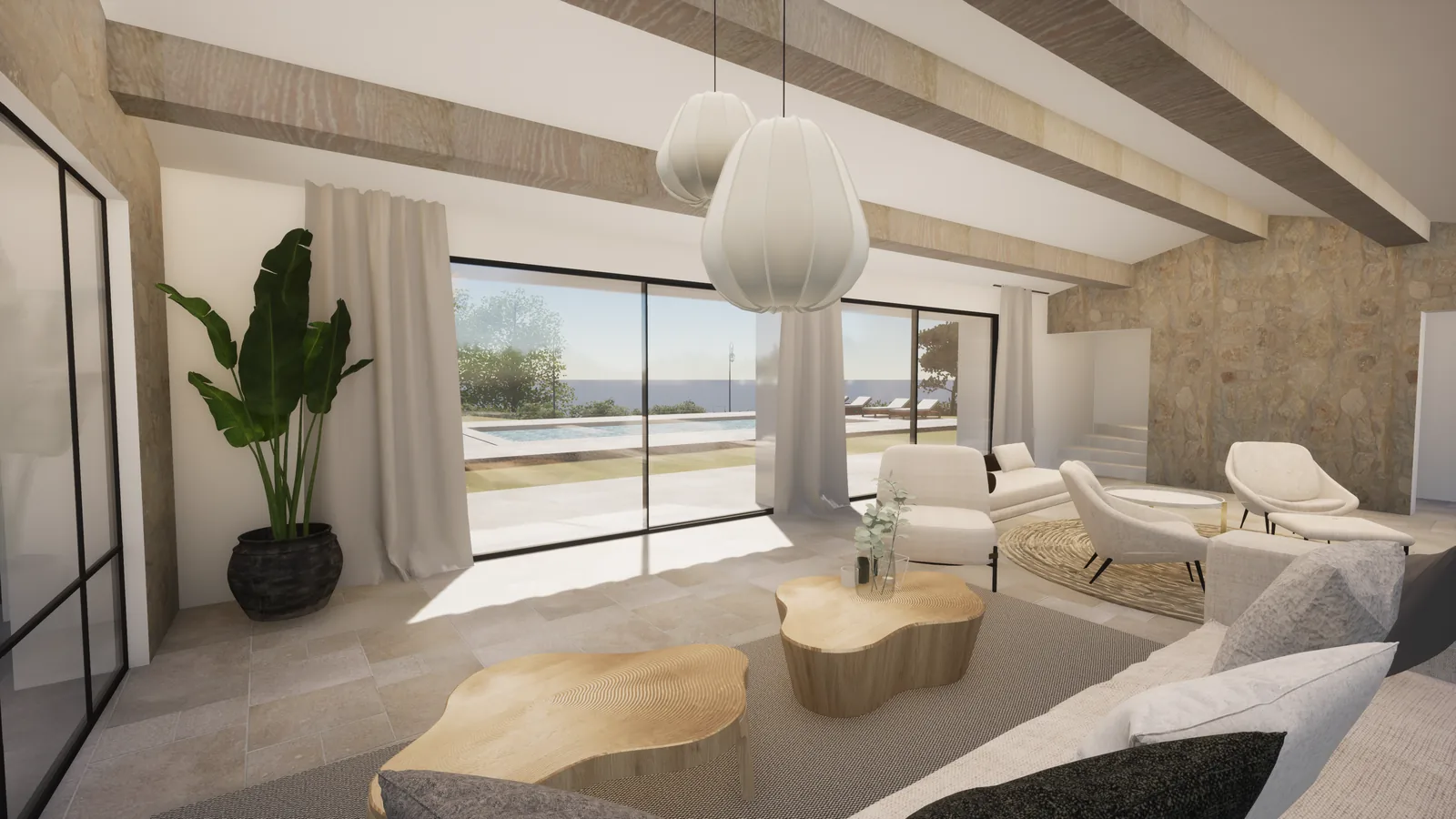 3D rendering of a living room with exposed beams, opening onto the garden