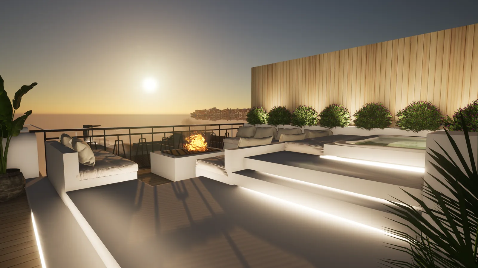3D rendering of a rooftop terrace at dusk